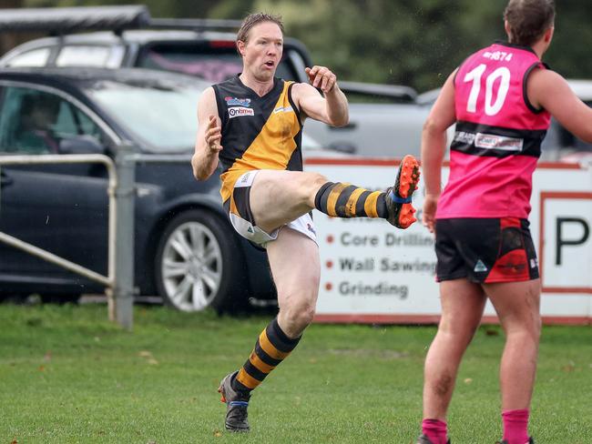 RDFL footy: Romsey v Lancefield at Romsey Park. 4th June 2022. Tom Waters in action for Lancefield.Picture : George Sal