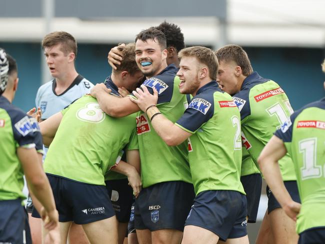 SUNDAY TELEGRAPH. MARCH 26, 2022.ÃPictured are the Raiders celebrating their win after the Cronulla Sharks v Canberra Raiders for the Harold Matts, NSWRL junior reps game at PointsBet Stadium in Cronulla today. Picture: Tim Hunter.