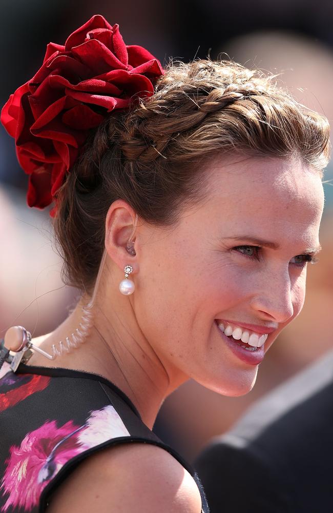 Francesca Cumani of Channel Seven looks ahead in the mounting yard on Melbourne Cup Day at Flemington Racecourse. Photo by Michael Dodge