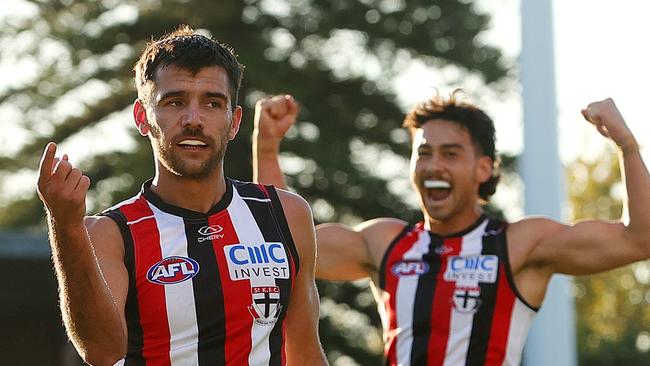 ADELAIDE, AUSTRALIA - APRIL 07: Riley Bonner of the Saints celebrates a goal with Mitch Owens of the Saints during the 2024 AFL Round 04 match between the Richmond Tigers and the St Kilda Saints at Norwood Oval on April 07, 2024 in Adelaide, Australia. (Photo by Sarah Reed/AFL Photos via Getty Images)