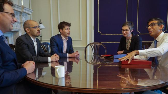 In May, Rishi Sunak met, from left, Dario Amodei of Anthropic, Demis Hassabis of DeepMind, and Sam Altman, of OpenAI. Picture: No.10 Downing St.