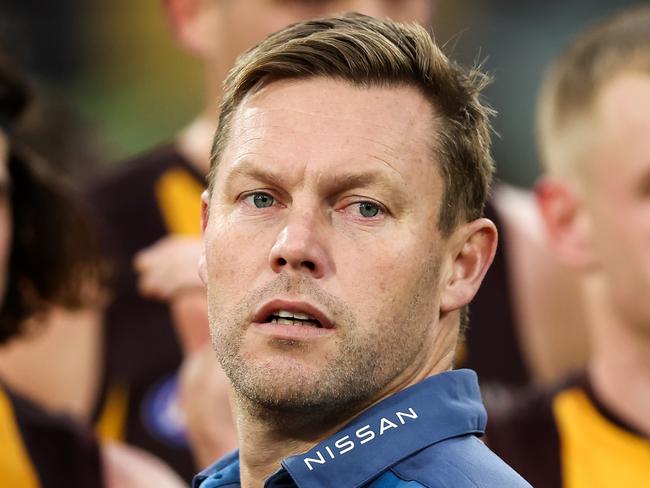 MELBOURNE, AUSTRALIA - JUNE 10: Sam Mitchell, Senior Coach of the Hawks looks on during the 2023 AFL Round 13 match between the Hawthorn Hawks and the Brisbane Lions at the Melbourne Cricket Ground on June 10, 2023 in Melbourne, Australia. (Photo by Dylan Burns/AFL Photos via Getty Images)