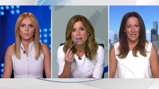 Amber Sherlock berates newsreader Julie Snook for wearing white. Picture: Channel 9