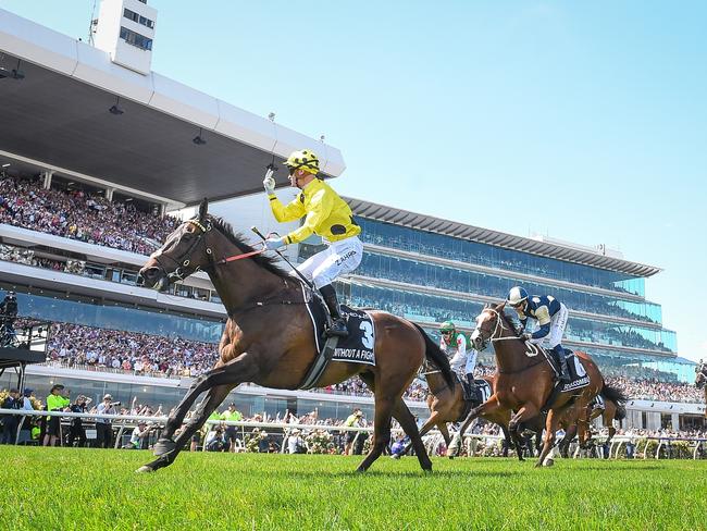 Without A Fight (IRE) ridden by Mark Zahra wins the Lexus Melbourne Cup at Flemington Racecourse on November 07, 2023 in Flemington, Australia. (Photo by Reg Ryan/Racing Photos via Getty Images)