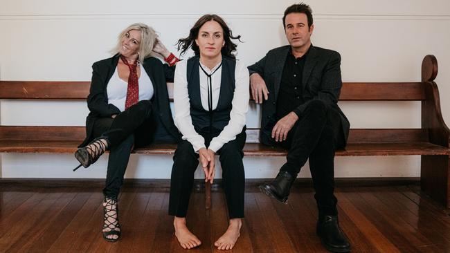 Western Australian folk trio The Waifs, pictured at Fremantle Arts Centre ahead of a 44-date Australian tour from May to September 2023. L-R: Donna Simpson, Vikki Thorn and Josh Cunningham. Picture: Jarrad Seng