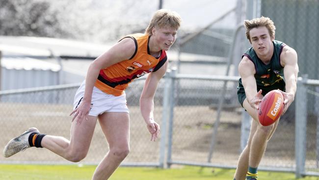 Tasmania Devils swingman James Leake (right) has been a draft bolter this year. Picture: Chris Kidd