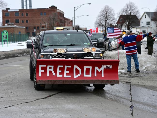 Protesters against Covid-19 vaccine mandates gather in solidarity with Canadian truckers near the Niagara Peace Bridge in Buffalo, New York. Picture: AFP