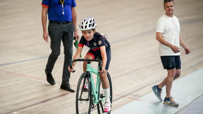 Girls U13 Freya Miller concentrates at the start of her time trial. Picture: Mike Burton