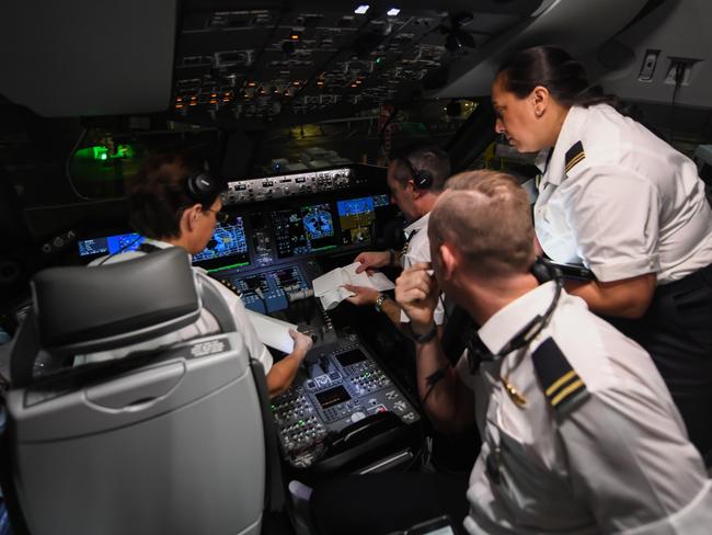 Qantas pilots preparing for the second Project Sunrise test flight from London to Sydney on November 14. Picture: Supplied