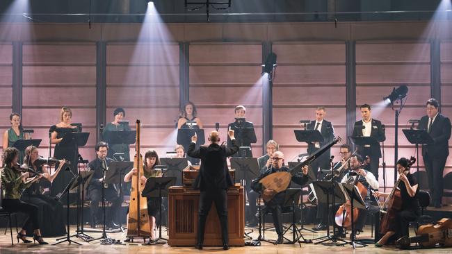 Erin Helyard conducting the Pinchgut Opera's The Spiritual Forest performance at City Recital Hall. Picture: Cassandra Hannagan