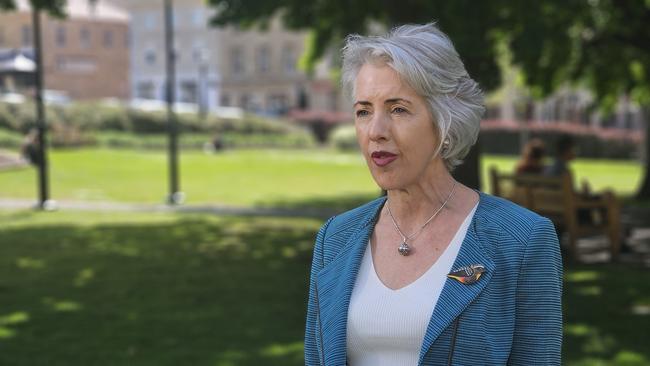 Greens leader Rosalie Woodruff speaks to the media on Parliament Lawns in Hobart on Thursday, October 17, 2024.