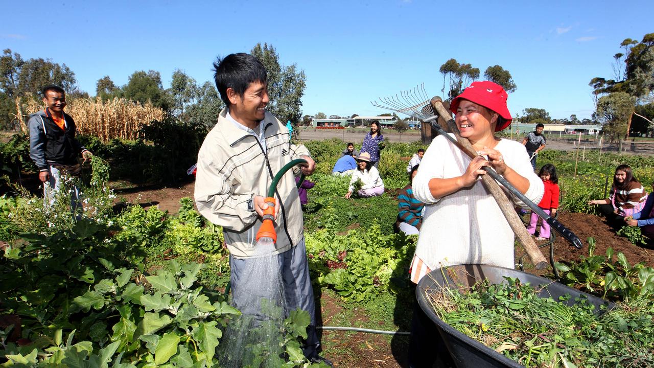 Kaw Doh Htoo and Ree Hta Say working in the community garden at Nhil Victoria where Karen refugees have been settled and are doing great work in the community.