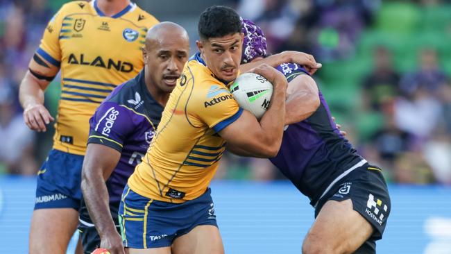 Dylan Brown tries to bustopen the Storm defence earlier this year. Picture: NRL Photos