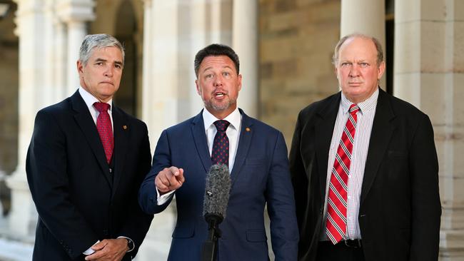 Leader of the KAP Robbie Katter, with Deputy Leader Nick Dametto and MP Shane Knuth in state parliament.