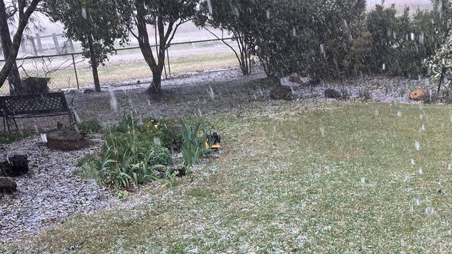 Cambooya resident Garry Greer was greeted by small hail at his backdoor after a heavy downpour on Tuesday afternoon. Photo: Garry Greer/Facebook