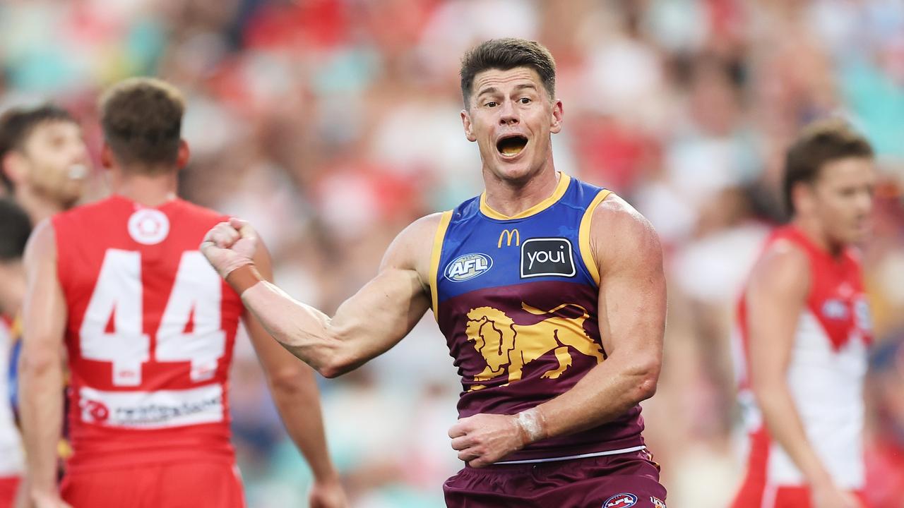 SYDNEY, AUSTRALIA - MARCH 15:  Dayne Zorko of the Lions celebrates a goal during the round one AFL match between Sydney Swans and Brisbane Lions at Sydney Cricket Ground, on March 15, 2025, in Sydney, Australia. (Photo by Matt King/AFL Photos/via Getty Images)