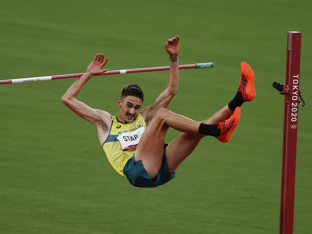 Brandon Starc takes out the pole during the final of the men’s high jump. Picture: Alex Coppel