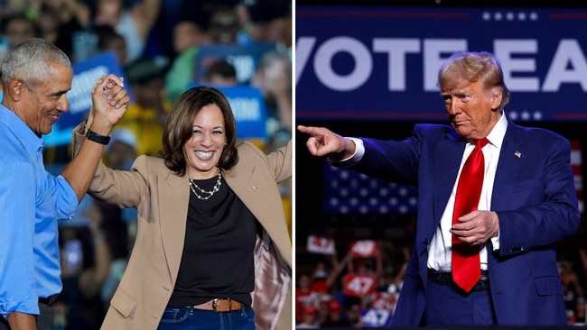 Barack Obama and Kamala Harris and Donald Trump at rallies on Friday (AEDT).