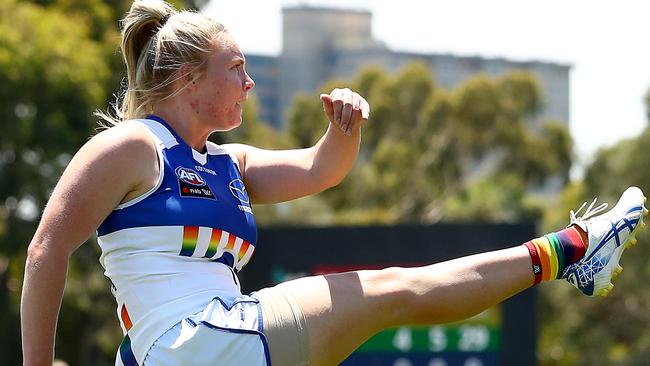 Daria Bannister kicked two of the Kangaroos’ five first-half goals. Picture: Getty Images