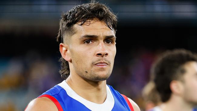 MELBOURNE, AUSTRALIA - SEPTEMBER 06: Jamarra Ugle-Hagan of the Bulldogs looks dejected after a loss during the 2024 AFL Second Elimination Final match between the Western Bulldogs and the Hawthorn Hawks at The Melbourne Cricket Ground on September 06, 2024 in Melbourne, Australia. (Photo by Dylan Burns/AFL Photos via Getty Images)