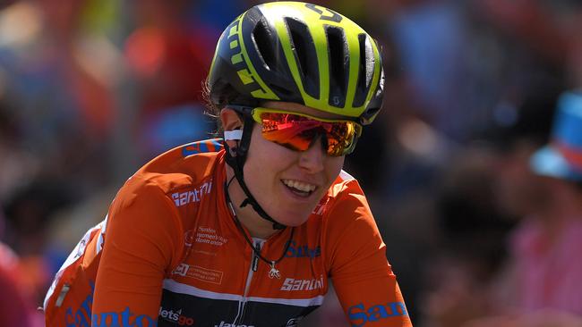 ADELAIDE, AUSTRALIA - JANUARY 13: Arrival / Amanda Spratt of Australia and Team Mitchelton-Scott Orange Leader Jersey Celebration / during the 5th Santos Women's Tour Down Under 2019 - Stage 4 a 42,5km stage from Adelaide to Adelaide / TDU / on January 13, 2019 in Adelaide, Australia. (Photo by Tim de Waele/Getty Images)