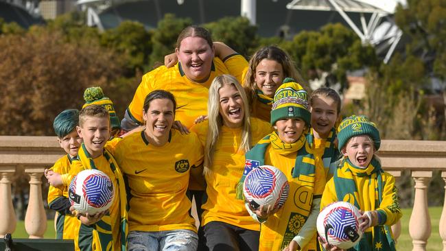 Matildas stars Lydia Williams and Charlie Grant of SA. With fans, Oliver Houston 8, Lila Houston 4, Parker Gray 9, Sara Nagy 15, Layan Saadeh 20, Lucinda Williamson 10, Sienna Gray 12, Tadhg Amazon- Duffield. Picture: RoyVPhotography