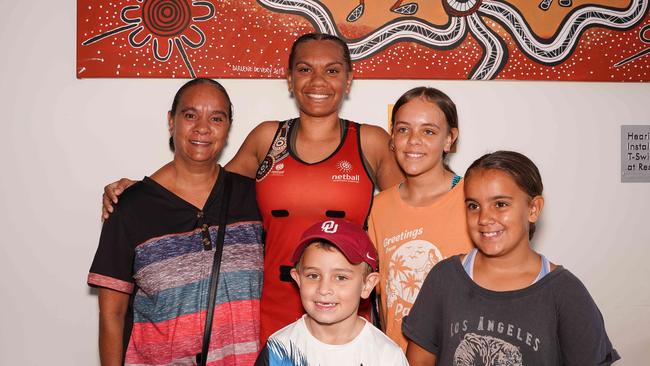 NT player Keira Heffernan with Ruth Cook, Layla Campbell, Chloe Campbell &amp; Peter Campbell at the 2023 National Netball Championships. Picture: Pema Tamang Pakhrin