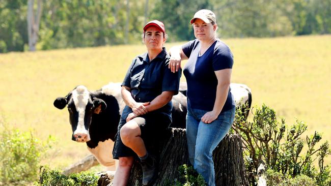 Dairy farmers Carissa Wolfe and Karyn Cassar from Benmar Farm at Hannam Vale had stopped showering at home to conserve water for their dairy farm. Picture: Nathan Edwards