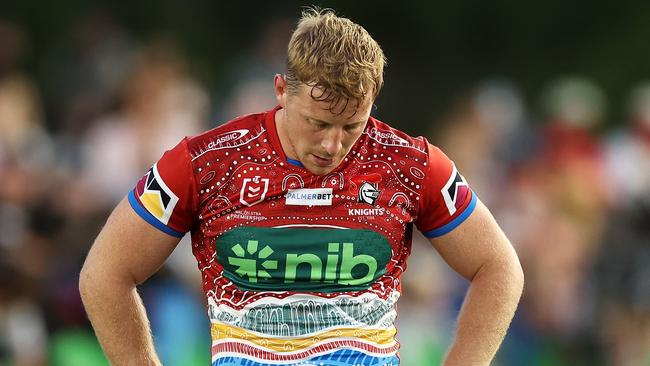 COFFS HARBOUR, AUSTRALIA - MAY 20: Lachlan Miller of the Knights looks dejected after defeat during the round 12 NRL match between Cronulla Sharks and Newcastle Knights at Coffs Harbour International Stadium on May 20, 2023 in Coffs Harbour, Australia. (Photo by Mark Kolbe/Getty Images)