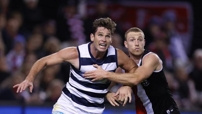 Tom Hawkins of the Cats and Callum Wilke of the Saints at Marvel Stadium last year. Picture: Michael Klein