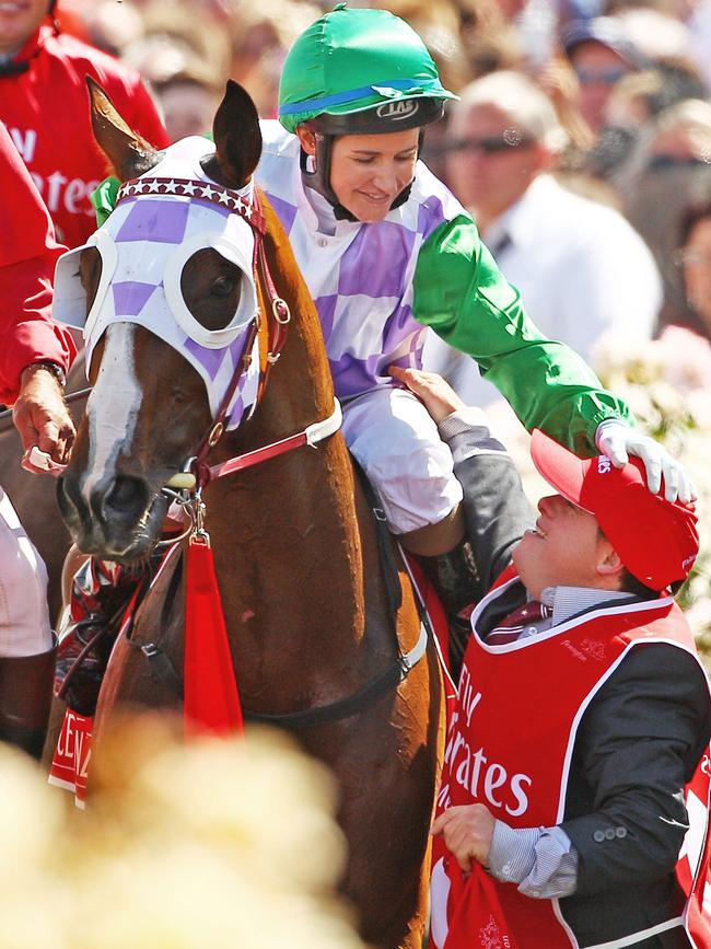 Michelle and her brother Stevie Payne after Prince Of Penzance’s 2015 Melbourne Cup win.