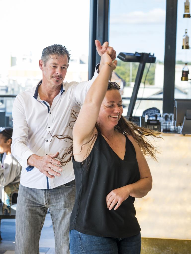 Richard Tomlinson of Street Salsa Toowoomba dances with Sarah Summers at the Sunday Arvo Street Salsa session at George Banks, Sunday, June 20, 2021. Picture: Kevin Farmer