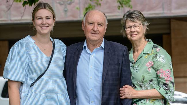 Former Renewal SA boss John Hanlon, right, outside the District Court with his daughter Millie Hanlon and wife Jenny after the DPP withdrew all charges against him. Picture: NCA NewsWire / Brenton Edwards