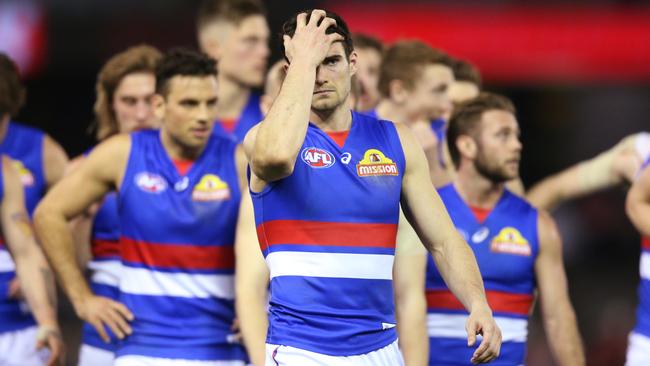 Bulldogs captain Easton Wood can’t believe what had just happened. Picture: Getty Images