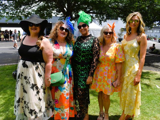 Alana Shorthouse, Cassandra Weaver, Keera Bell, Helen Rose and Jo Todd (MAFFS contestant) enjoying all the action at the Ladbrokes Cranbourne Cup on Saturday, November 23, 2024. Picture: Jack Colantuono