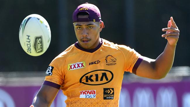 Tesi Niu in action during Brisbane Broncos training at Clive Berghofer Field in Brisbane, Tuesday, June 2, 2020. The Broncos will play the Roosters in their round 4 match at Suncorp Stadium on Thursday night. (AAP Image/Darren England) NO ARCHIVING