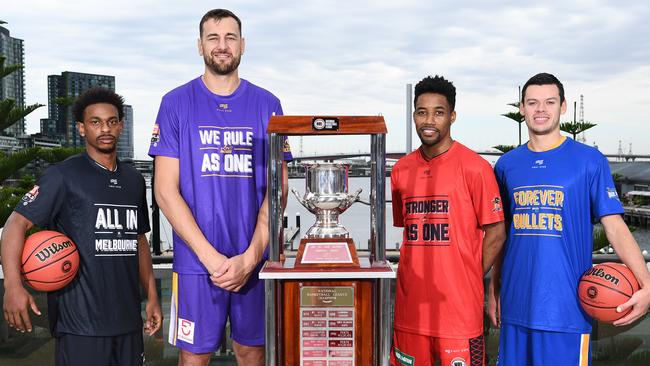 Andrew Bogut (second from left) with Casper Ware, Bryce Cotton and Jason Cadee at the launch of the NBL finals. Picture: Getty Images