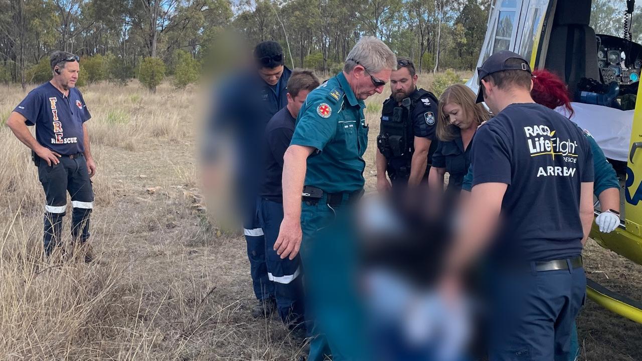 The Bundaberg RACQ LifeFlight Rescue helicopter crew has flown a man to hospital after his motorbike hit a kangaroo while riding with a friend in the North Burnett region on July 15, 2023.