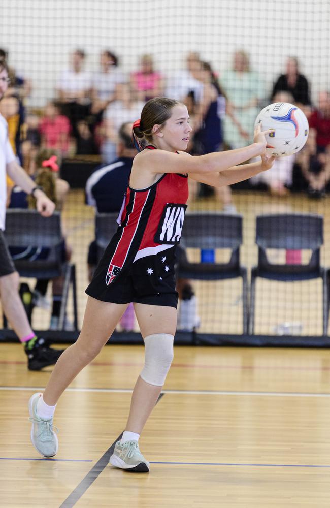 Kensey Pain of Our Lady of the Southern Cross College, Dalby in the Laura Geitz Cup netball carnival at The Glennie School, Sunday, March 16, 2025. Picture: Kevin Farmer