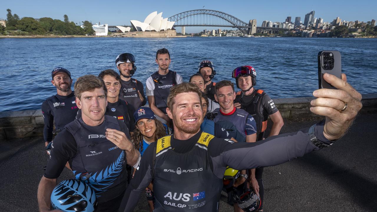 The SailGP fleet, led by Tom Slingsby and Peter Burling (left) ready for racing on Sydney Harbour. Photo: Bob Martin for SailGP.