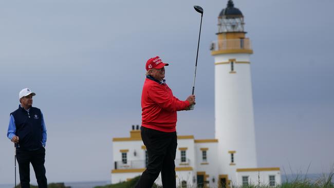 Former US president Donald Trump playing golf at his Trump Turnberry course in South Ayrshire during his visit to the UK. Picture date: Wednesday May 3, 2023. (Photo by Andrew Milligan/PA Images via Getty Images)