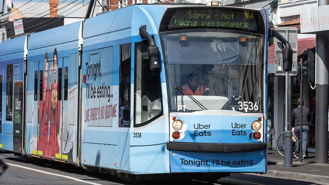 Trams return to Malvern Tram Depot on Glenferrie Rd as today’s strike begins. Picture: Sarah Matray