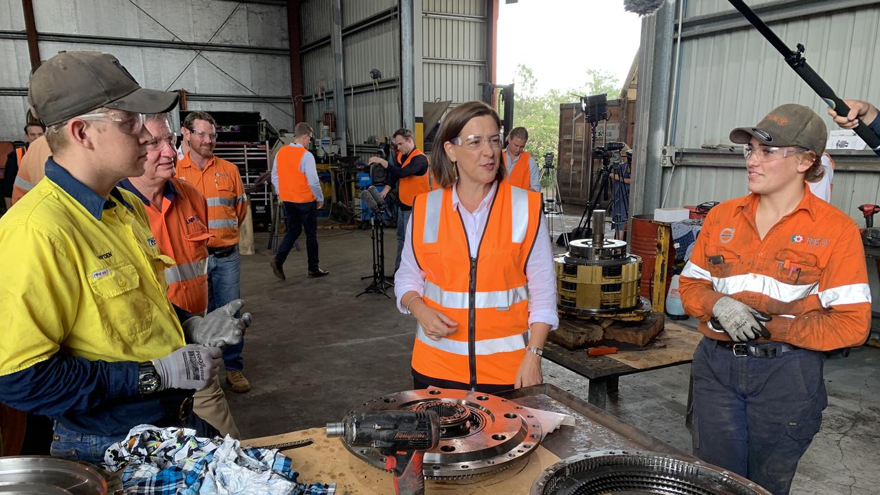 LNP leader Deb Frecklington chats with tradies at Parkhurst's REO Heavy Equipment.