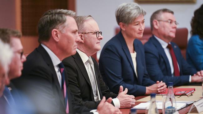 Richard Marles PM Anthony Albanese, Foreign Affairs Minister Penny Wong and Agriculture Minister Murray Watt at talks in February with PNG leader James Marape.