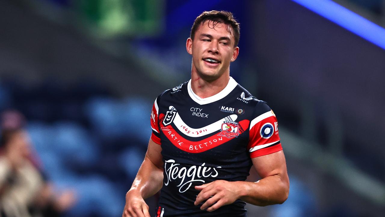 SYDNEY, AUSTRALIA - AUGUST 12: Joseph Manu of the Roosters celebrates scoring a try during the round 24 NRL match between Sydney Roosters and Dolphins at Allianz Stadium on August 12, 2023 in Sydney, Australia. (Photo by Jeremy Ng/Getty Images)