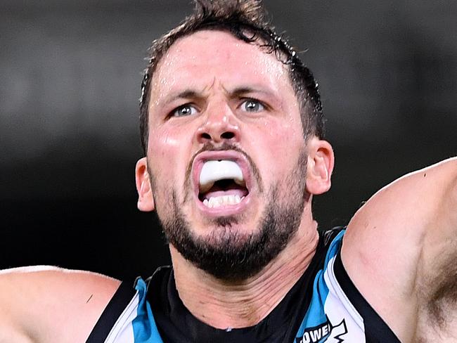 Travis Boak of the Power reacts after kicking a goal during the Round 3 AFL match between the Brisbane Lions and Port Adelaide Power at the Gabba in Brisbane, Saturday, April 6, 2019. (AAP Image/Dave Hunt) NO ARCHIVING, EDITORIAL USE ONLY