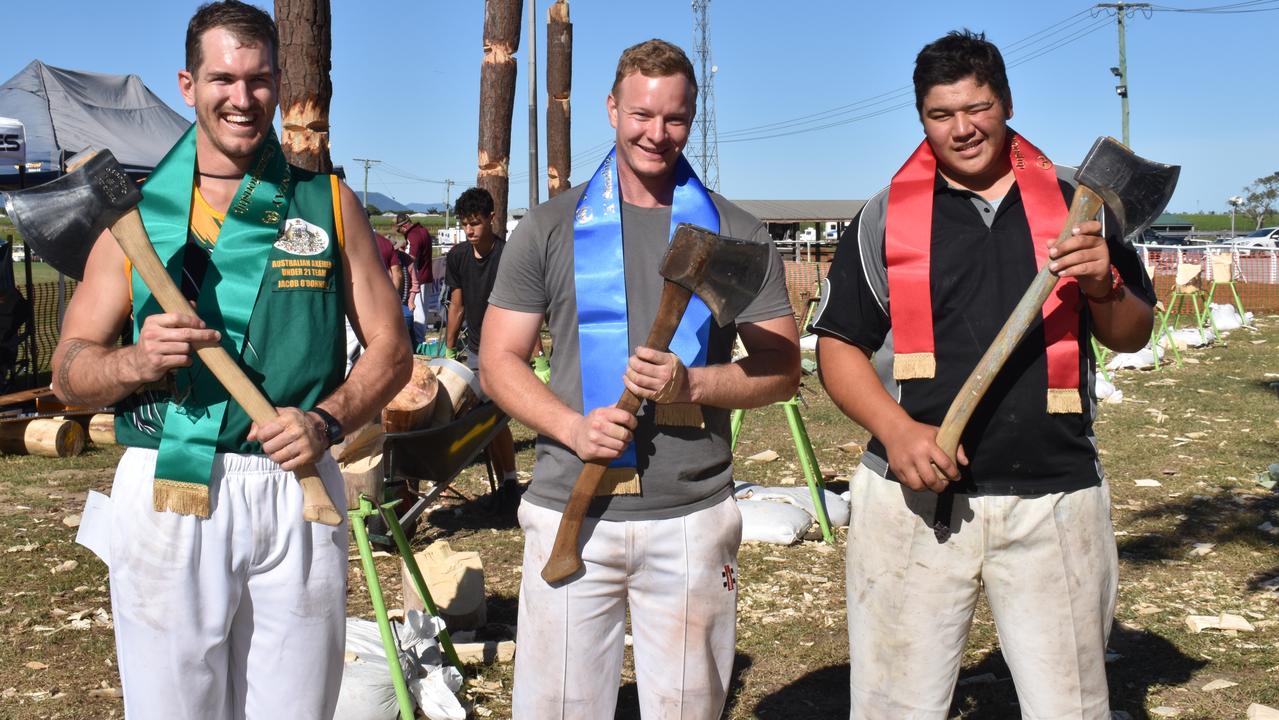 Jacob O'Donnell of Mackay, Mitch Gossow of Townsville, and Awatea Barrett of Mackay took out the top spots in the standing block championship at Show Whitsunday on Saturday. Picture: Kirra Grimes