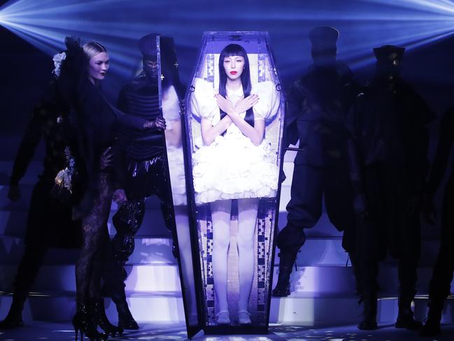 Jean-Paul Gaultier staged a mock funeral in Paris. Picture: AFP