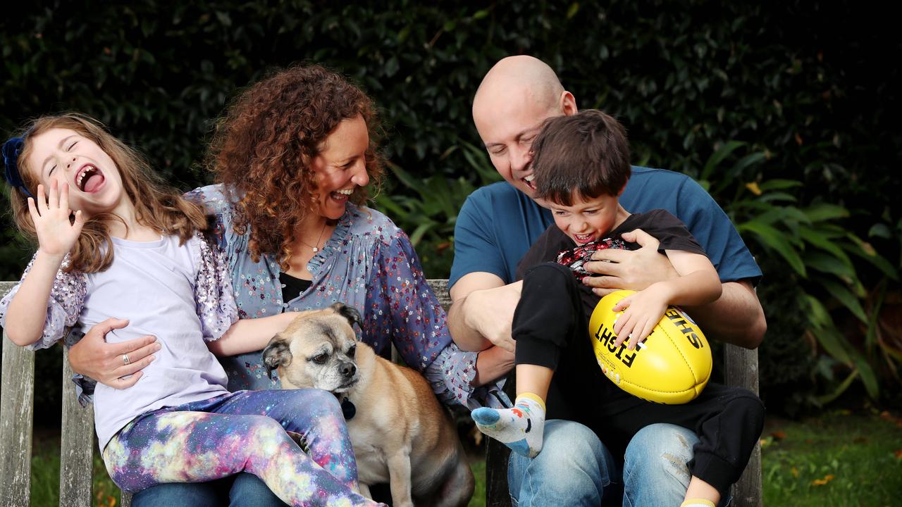 Treasurer, Josh Frydenberg at home with his family in Hawthorn. Melbourne. L-R Gemma 7, Amie, dog Fonzi, Josh and Blake 5. Picture Rebecca Michael.