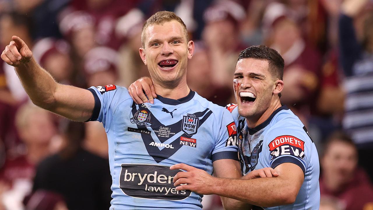 TOWNSVILLE, AUSTRALIA – JUNE 09: Tom Trbojevic of the Blues and Nathan Cleary of the Blues celebrate after scoring a try during game one of the 2021 State of Origin series between the New South Wales Blues and the Queensland Maroons at Queensland Country Bank Stadium on June 09, 2021 in Townsville, Australia. (Photo by Mark Kolbe/Getty Images)